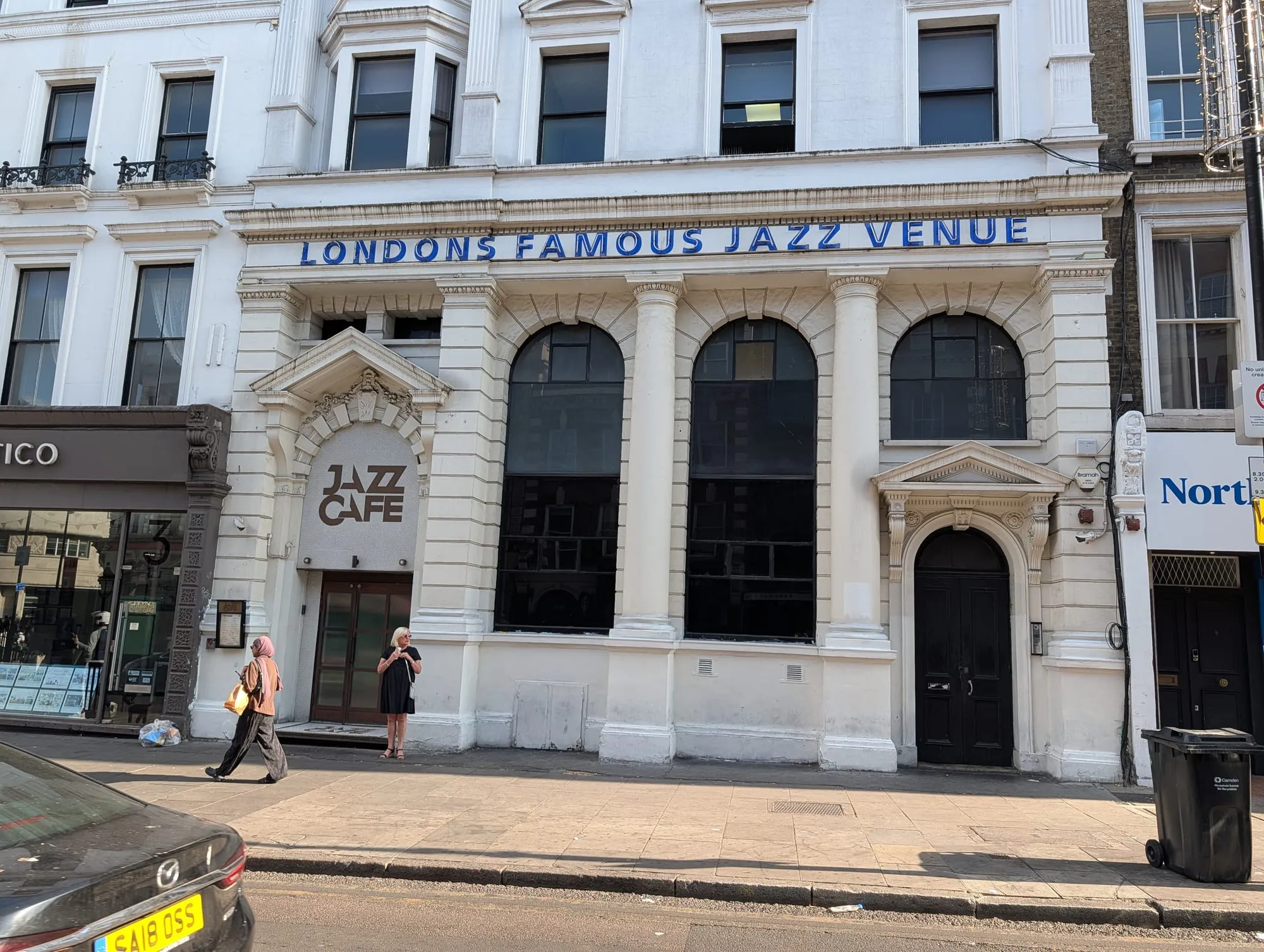The Jazz Cafe in Camden, a white stucco building lettered London's Famous Jazz Venue above the windows